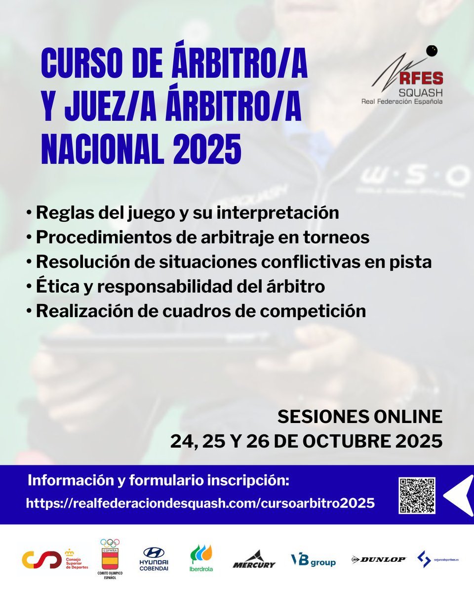 CURSO DE ÁRBITRO/A Y JUEZ/A ÁRBITRO/A NACIONAL 2025

🚨 Fecha límite inscripción: 10 de octubre de 2025

🔗 Más información y formulario de inscripción en la web de la RFES: realfederaciondesquash.com/cursoarbitro20…

#Squash #SquashEsp