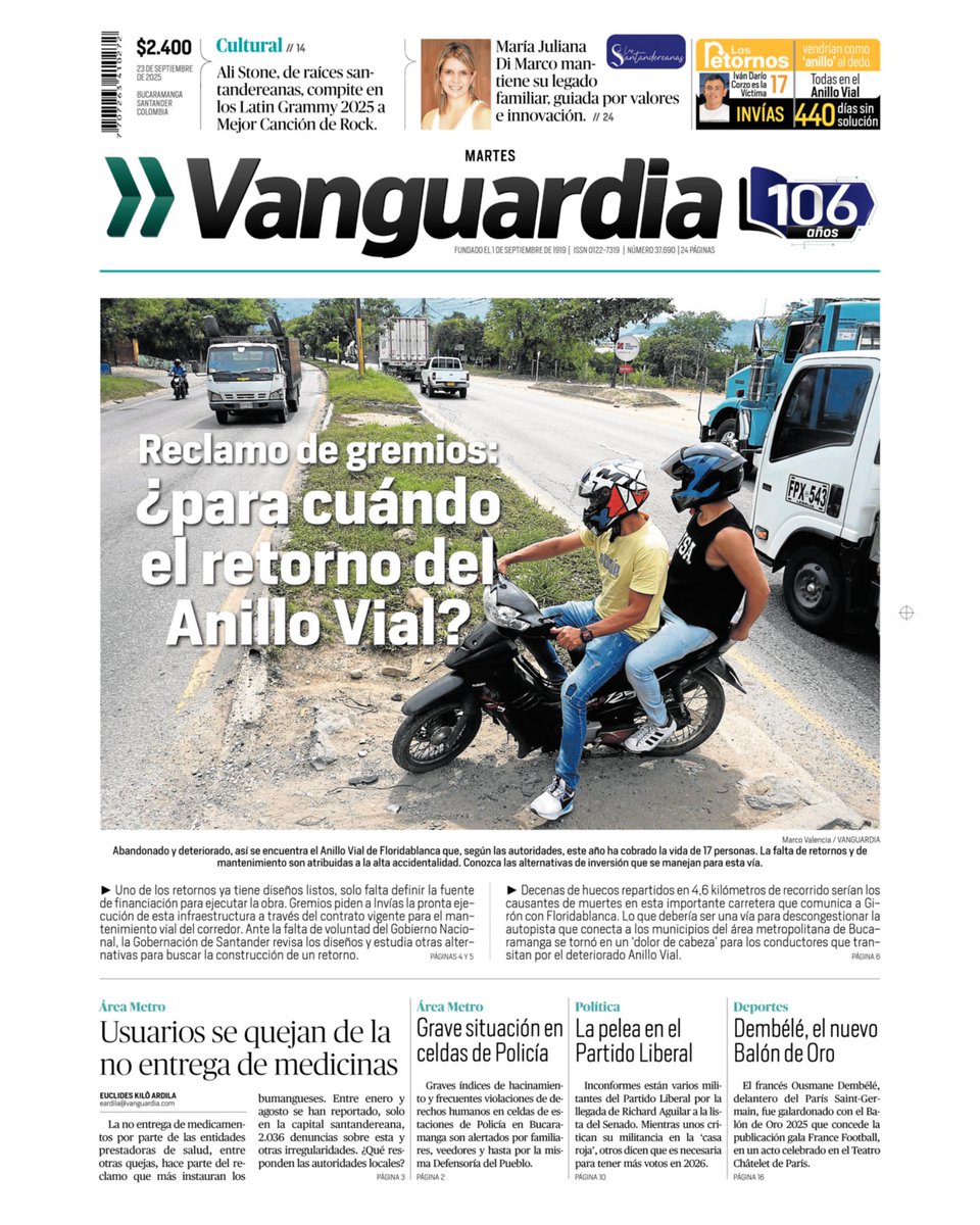 ☀️ ¡Buenos días y feliz Martes!
🗞️ Les compartimos la #PortadaVanguardia de hoy:

🚧Gremios exigen el retorno del Anillo Vial.
⚖️ Liberales se oponen al aval de Richard Aguilar por procesos judiciales.
 🏥 Usuarios exigen soluciones para la entrega de medicamentos. 

🔍 ¡Y hay