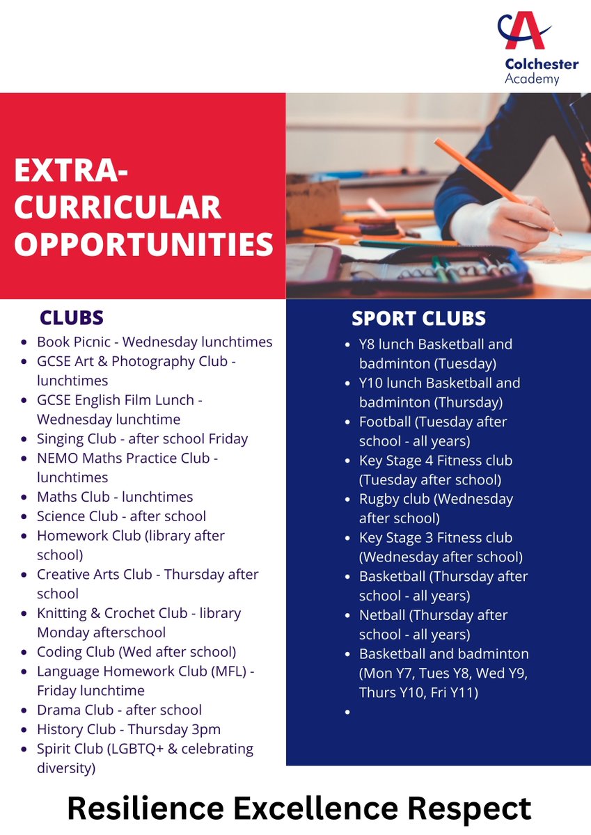🌟 At Colchester Academy, learning goes beyond the classroom. Encourage your child to get involved in our wide range of extra-curricular activities! #resilience #excellence #respect