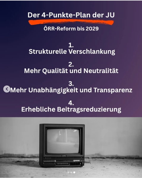 JU-Ultimatum: Reform oder Aus. <a href="/CDU/">CDU Deutschlands</a> Parteinachwuchs <a href="/YesJUcan/">JU Niedersachsen</a> fordert eine umfassende Reform des ÖRR mit Verschlankung, deutlicher Reduzierung des Beitrags und mehr Ausgewogenheit. Wenn das nicht bis Ende der Legislaturperiode 2029 kommt, soll der ÖRR ganz abgeschafft werden.