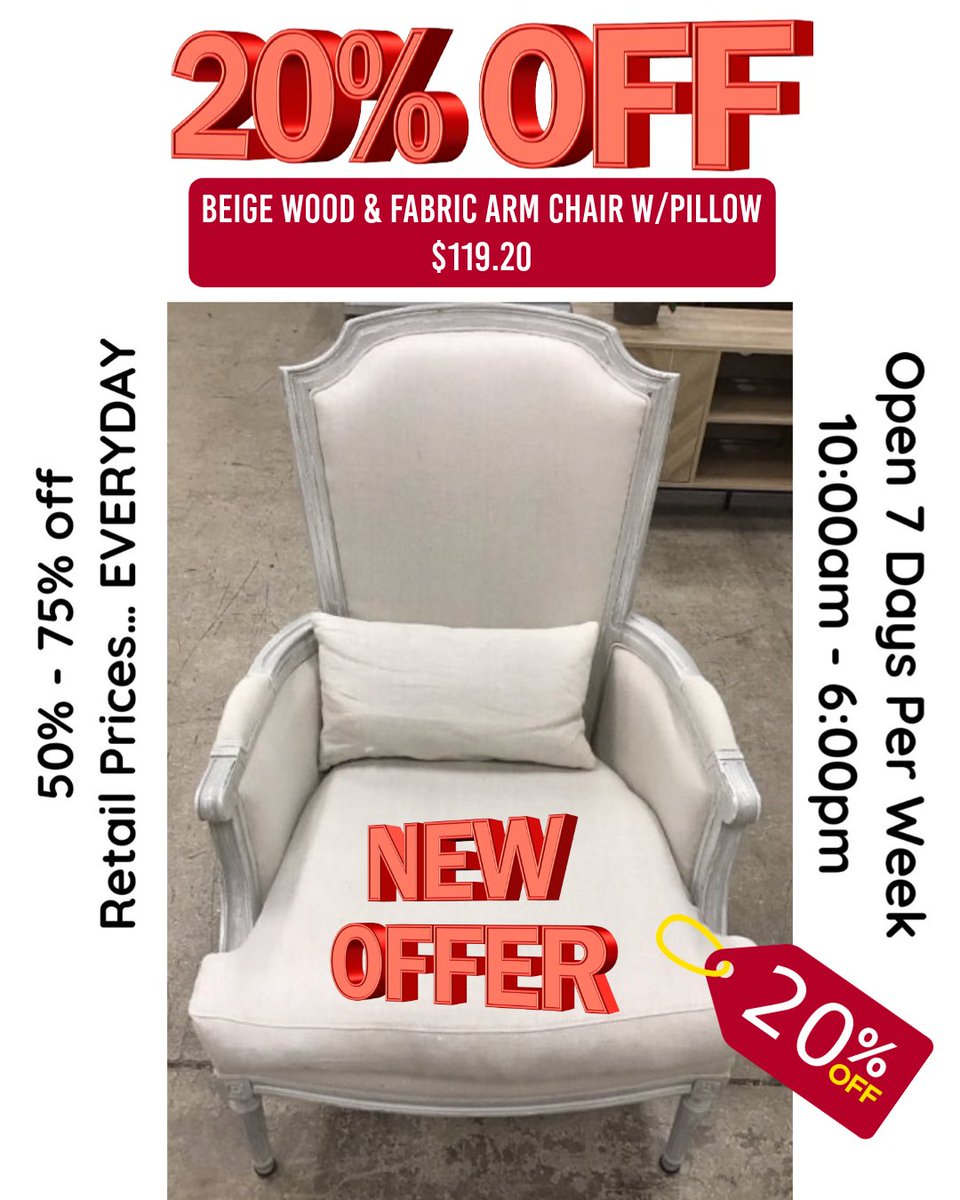 ConsignmentFLA's tweet image. Step into style with this beige wood &amp;amp; fabric arm chair — complete with a matching pillow for extra comfort. On sale now for just $119.20!
#EncoreInteriors #ConsignmentFinds #FurnitureDeals #HomeStyle #ChicLiving #FurnitureSale #DecorGoals #InteriorDesign #BudgetFriendly #ShopNow