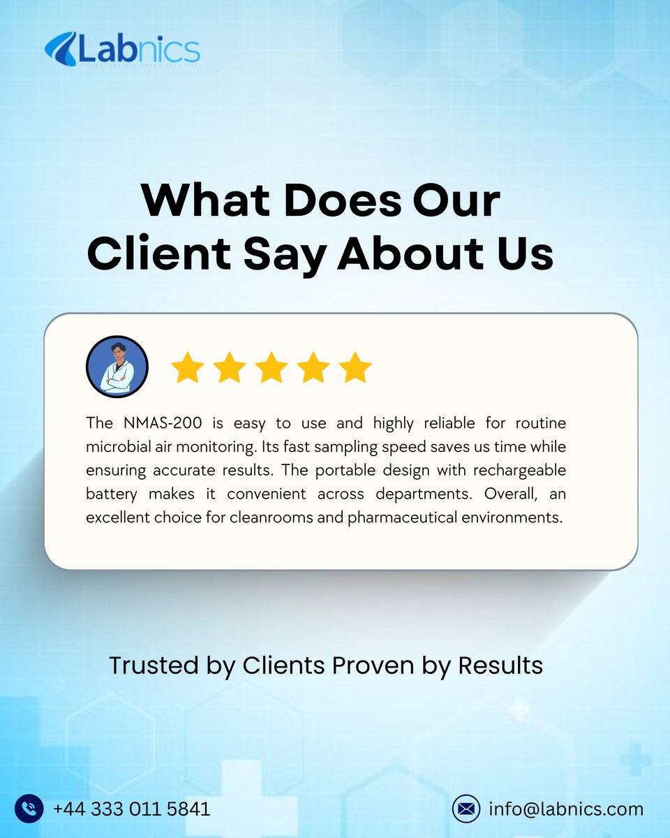 labnics's tweet image. The NMAS-200 exceeded our expectations! Incredibly user-friendly and impressively efficient, it has revolutionized our air monitoring process. 

Email:info@labnics.com
Website: labnics.com

#labnics#LabSolutions #MicrobialMonitoring #CleanroomTech #LabEquipment