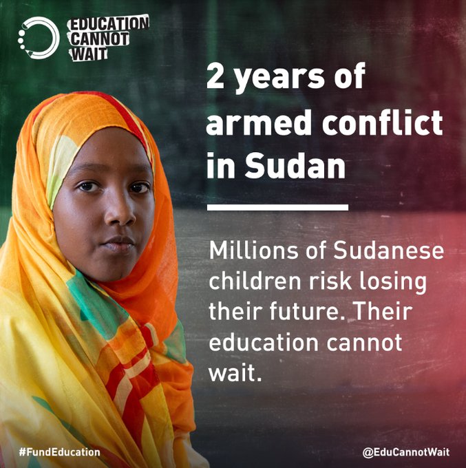 Children in #Sudan have endured +2 years of unimaginable violence:
🚨Schools attacked
❌Girls subjected to #GBV 
🍽 Empty stomachs
⚠️ Forced displacement 

<a href="/EduCannotWait/">Education Cannot Wait</a> is working w/strategic partners to deliver #education as a lifeline, but needs urgent funding support, now.