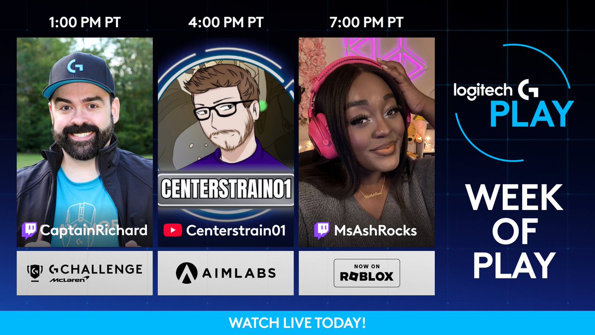 New day, new streams! Join us for a brand new round of Week of PLAY stream 
🔵 <a href="/_CaptainRichard/">🎃 Captain Richard 🎃</a> racing at 1:00pm PT
🔵 <a href="/Centerstrain01/">Centerstrain01</a> training at 4:00pm PT
🔵 <a href="/MsAshRocks/">MsAsh✨🤍 ➡️ TwitchCon</a> exploring at 7:00pm PT