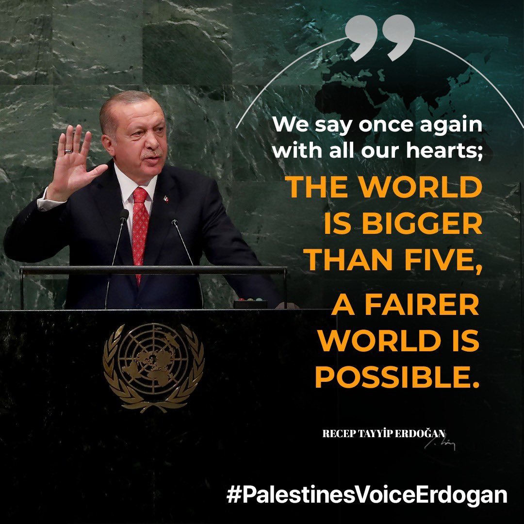 av_aligumus's tweet photo. Cumhurbaşkanımız Recep Tayyip Erdoğan:

“Tüm kalbimizle bir kez daha diyoruz ki;
‘Dünya beşten büyüktür’, ‘Daha adil bir dünya mümkündür.’”

#PalestinesVoiceErdogan https://t.co/5W7iLCOYt7