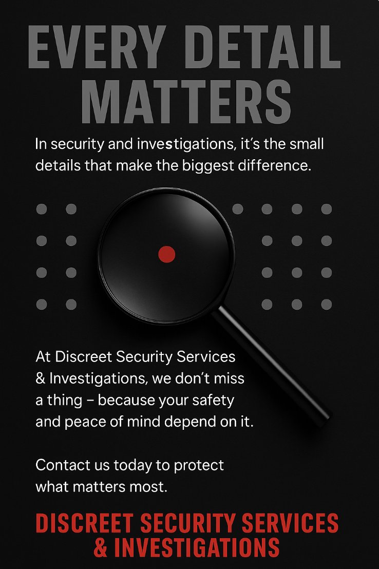 dssimd's tweet image. At Discreet Security Services &amp;amp; Investigations, we don’t miss a thing — because your safety and peace of mind depend on it.

👁️ Professional. Confidential. Reliable.

📲 Contact us today to protect what matters most.