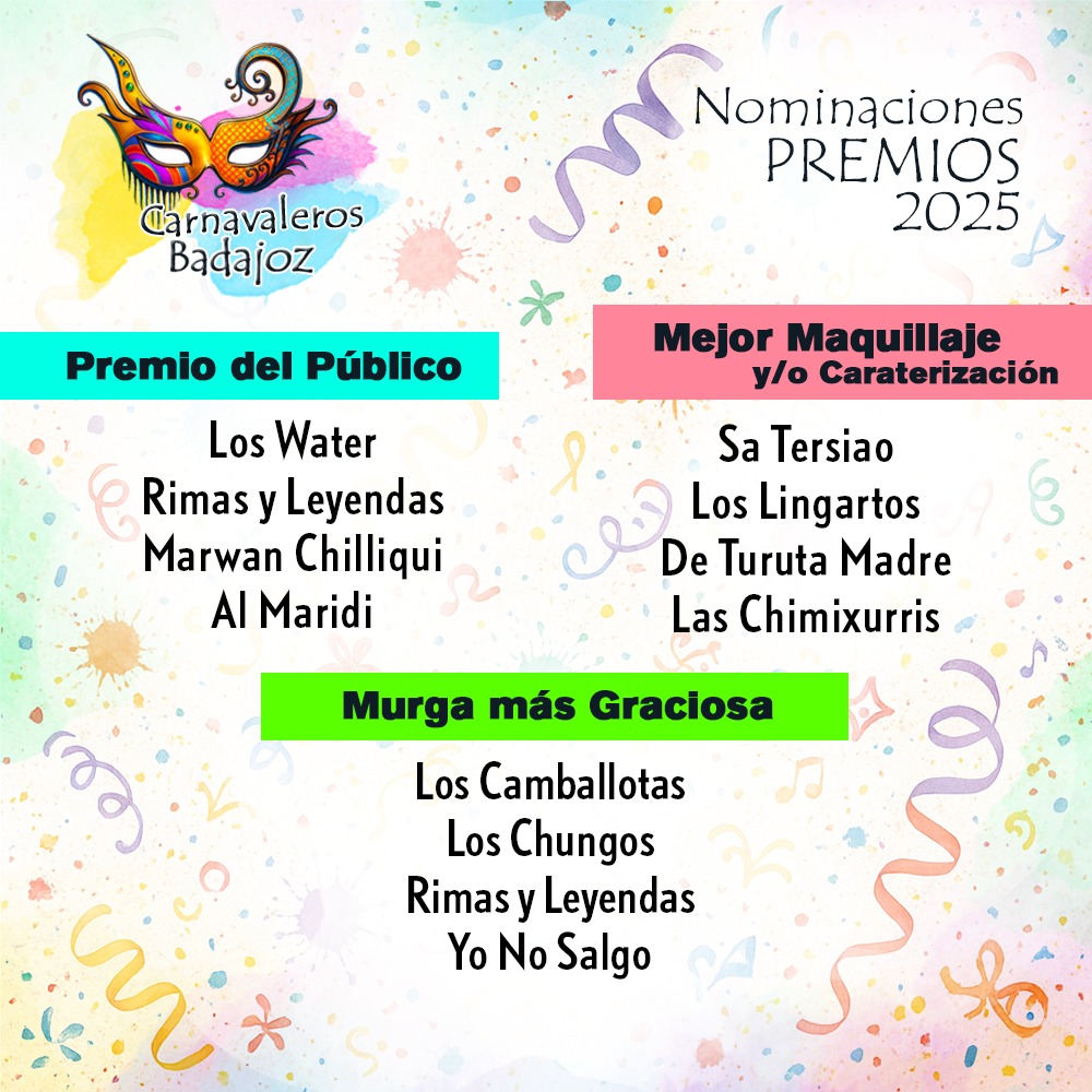 📣 ¡Ya tenemos a los primeros nominados a los Premios Carnavaleros Badajoz 2025! 🎭
En los próximos días iremos anunciando más categorías y nominados  Ha sido un trabajo intenso valorando esos detalles que muchas veces pasan desapercibidos, pero que hacen grande a nuestro COMBA