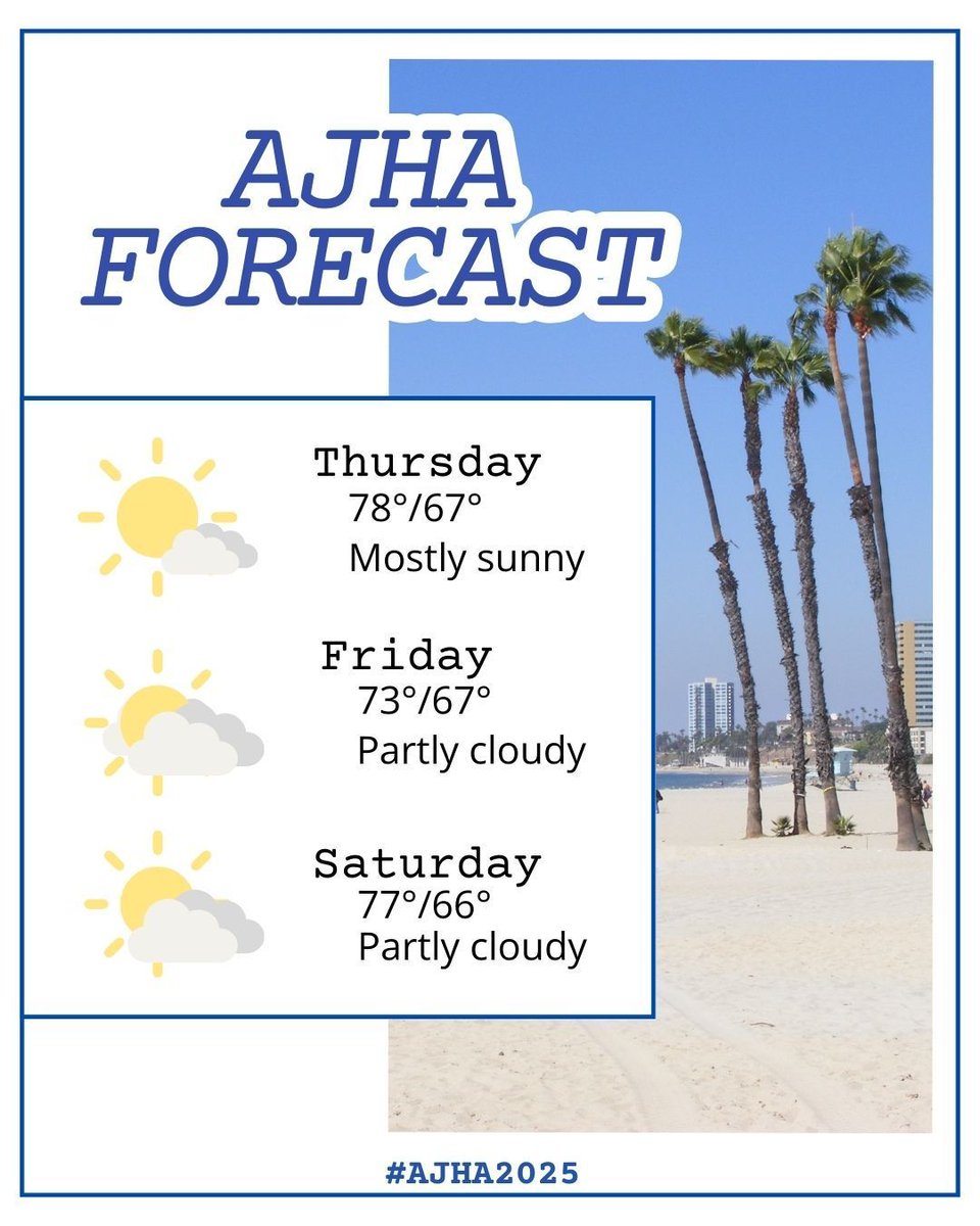 Packing for #AJHA2025? The forecast calls for sun and 70s in Long Beach!🌤️ 🕶️ 🏖️