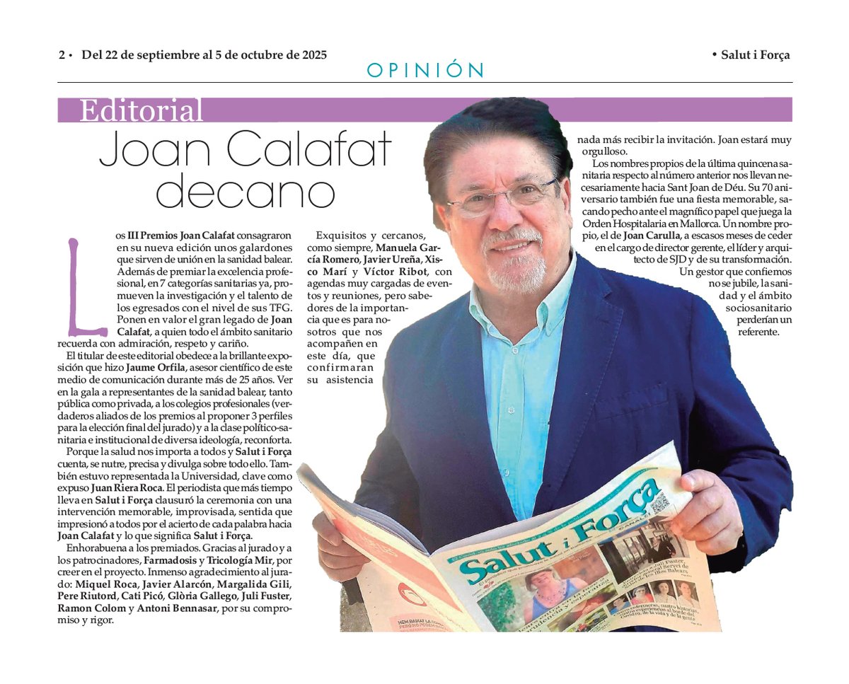 Editorial / Joan Calafat decano:
Los III Premios Joan Calafat consagraron...
saludediciones.com/2025/09/23/joa…
<a href="/carloshern79/">Carlos Hernández</a> <a href="/DonJuanMiguel4/">Juan Riera Roca ن ❌</a> <a href="/JuliFuster/">Juli Fuster Culebras</a> <a href="/jaime_orfila/">Jaime Orfila</a> <a href="/Farmadosis/">Farmadosis</a> <a href="/tricologiamir/">tricologiamir</a> <a href="/Alarconforense/">Javier AlarcOn de Al</a> <a href="/Antoni_Bennasar/">Antoni Bennasar Arbós</a> <a href="/LauraCalafatMnz/">LauraCM</a> <a href="/manuelaG_Romero/">Manuela Garcia Romero</a> <a href="/javiurenam/">Javier Ureña</a> <a href="/FlorenceCaminer/">Gloria Gallego</a>