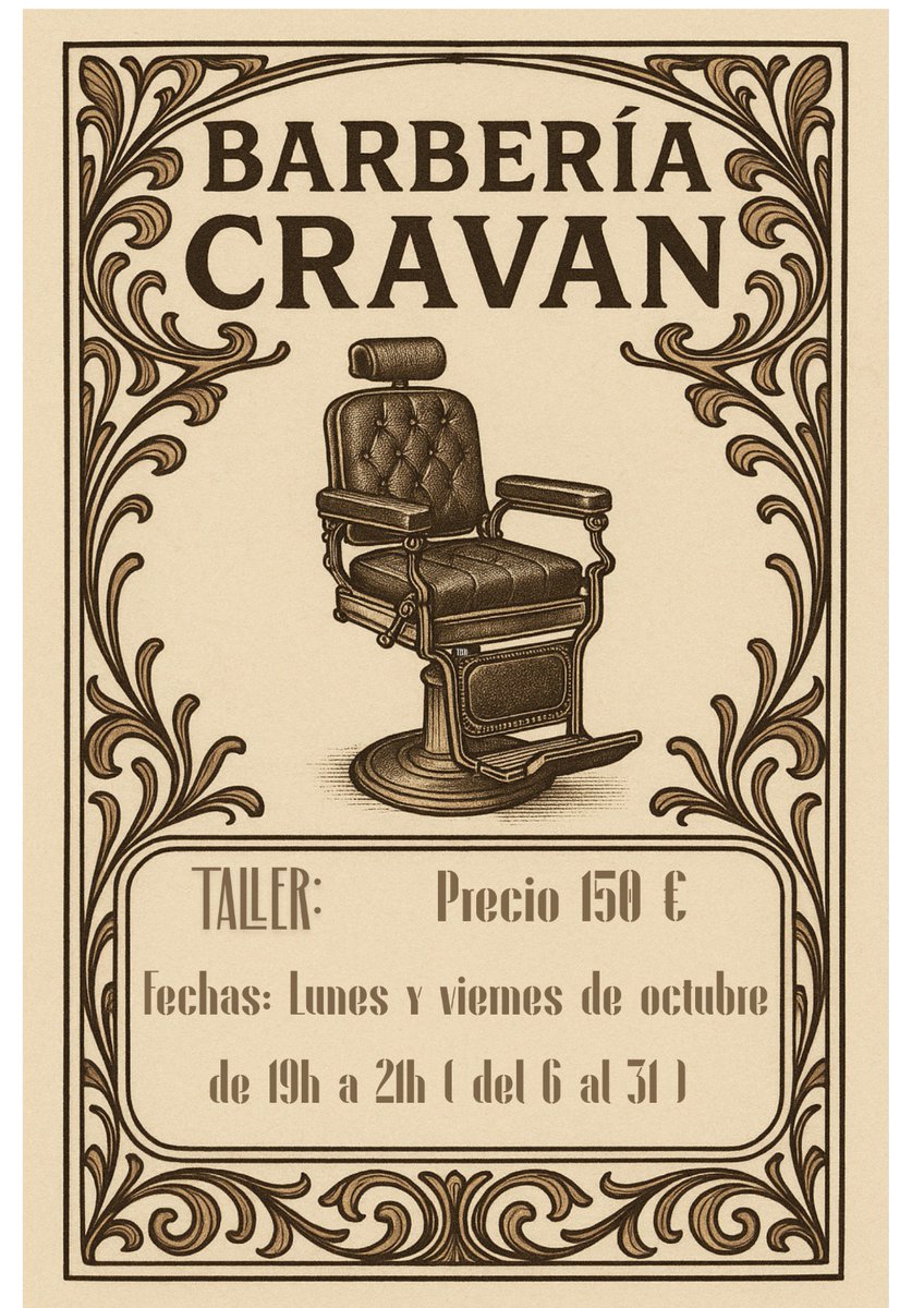 ✂️ Taller de Barbería Cravan ✂️ Aprende a hacer cortes creativos combinando técnica y creatividad.
📅 Fechas: 6, 10, 13, 17, 20, 24, 27 y 31 de octubre

Contacto: barberiacravan@gmail.com 
657 353 665 (Daniel) 

#ArtLabHuesca #barberíacravan #taller #audiovisual #Huesca