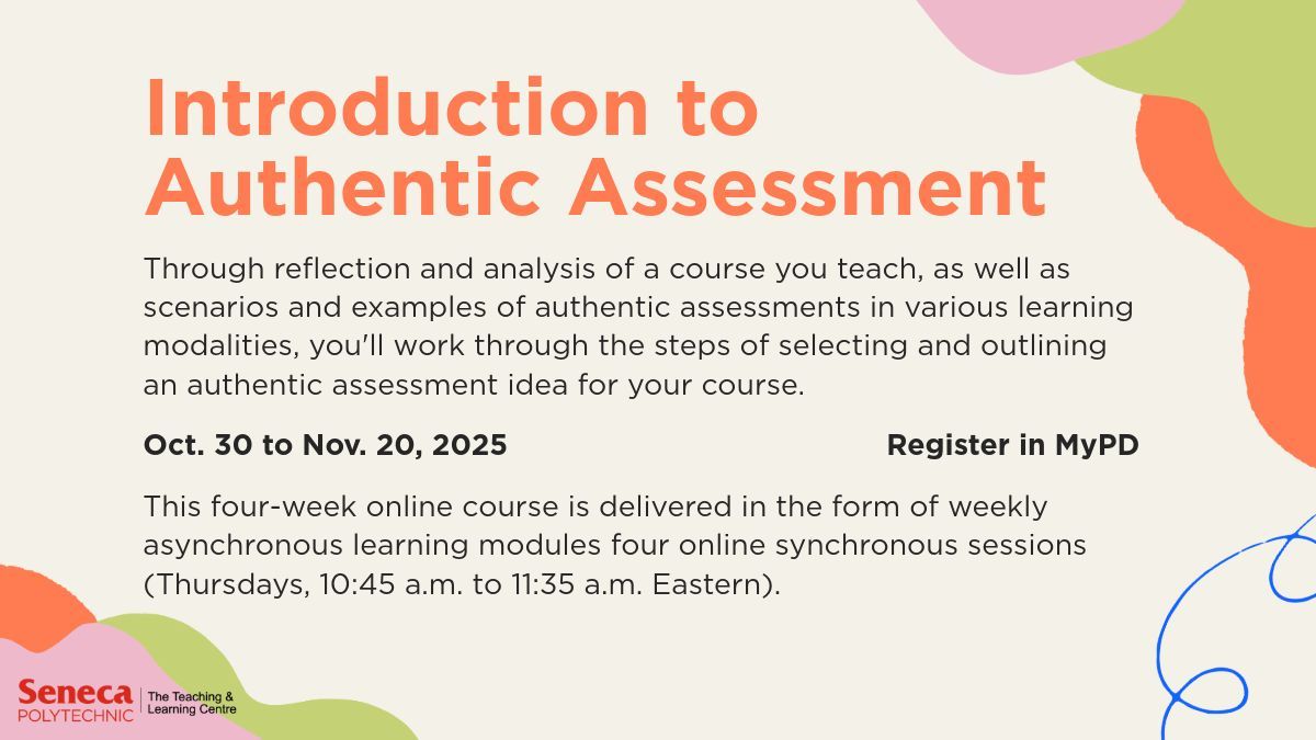 Seneca_TandL's tweet image. In our “Introduction to Authentic Assessment” #TLCcourse, you’ll explore inclusive, practical strategies for evaluating student learning in meaningful ways.
🗓️ Oct. 30–Nov. 20, 2025
🖥️ Online &amp;amp; interactive
🔗 buff.ly/7Ua4S7L
#MicroCredentialled #PDPlan #FacultyPD