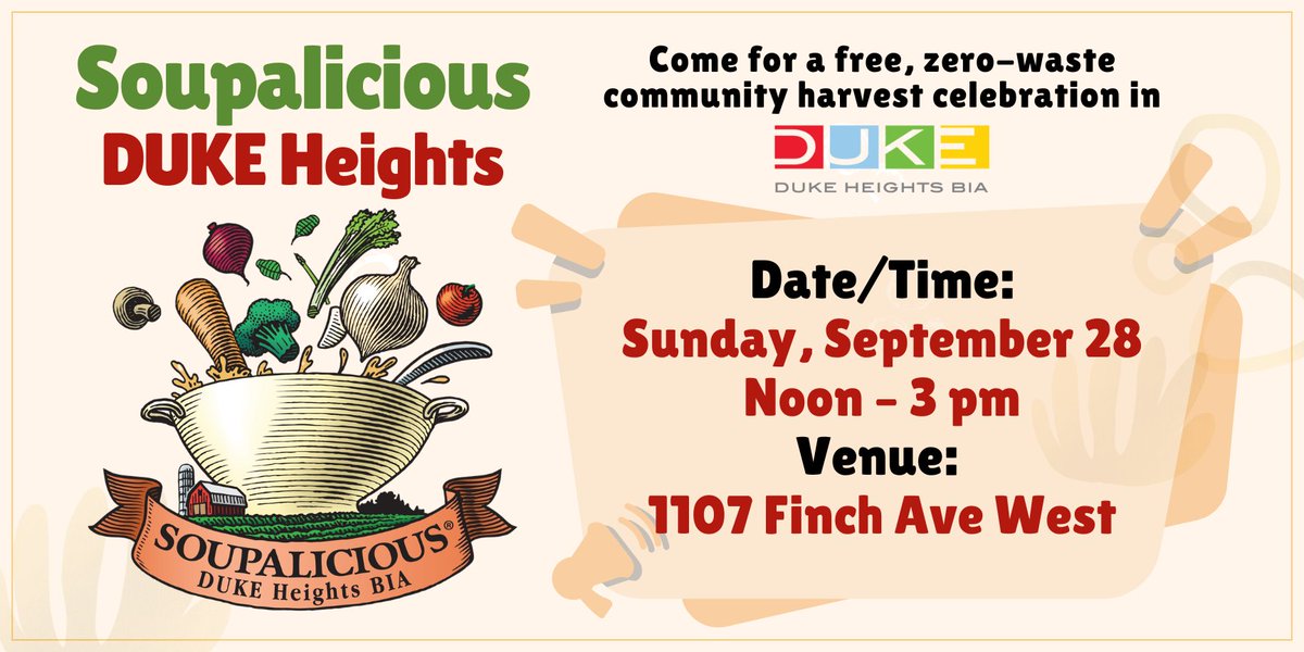 🍲 Soup’s ON! 🍲
🍊🎊 Join us for the SOUPALICIOUS DUKE Heights event on Sept 28, from noon to 3 PM at 1107 Finch Ave. W. Enjoy delicious soups, corn, live music, games, arts &amp; crafts, and more- all for FREE! 🎶🎨
#HarvestParty #TorontoEvents #FreeEvent #Vegetarian #ZeroWaste