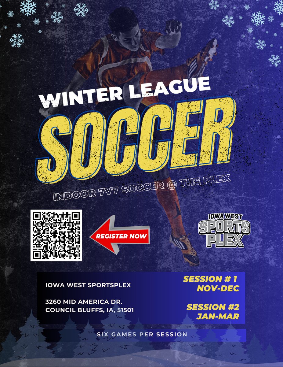 ❄️⚽ Winter League Session #1 – Registration is NOW OPEN! ⚽❄️
Keep your team sharp this winter with exciting 7v7 indoor action. 💪
📅 Session 1: November–December
🕒 Format: 6 games per season
👉 Register today using the link or the QR code on the flyer:
apps.daysmartrecreation.com/dash/x/#/onlin…