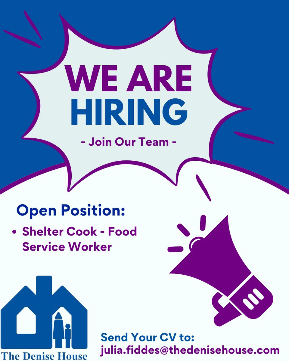 TheDeniseHouse's tweet photo. We’re hiring! 💜
The Denise House, Oshawa is seeking a Shelter Cook – Food Service Worker to help nourish and support women & children in our care.
Click for full job posting & How to Apply: https://t.co/Ey0SFE8gJg
#thedenisehousedurham #SupportForWomen #EndViolenceAgainstWomen https://t.co/cCjC4SOOjU