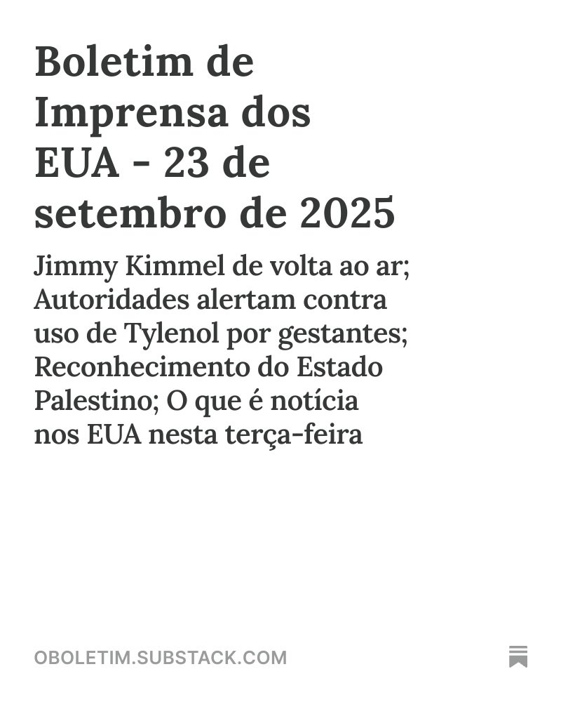 Está no ar O Boletim de hoje! 

Reconhecimento do Estado Palestino pela França; Gov dos EUA alerta contra uso de Tylenol por gestantes; Kimmel de volta no ar; entrevista de Lula à PBS; e mais.

Assine para receber no seu inbox todos os dias!