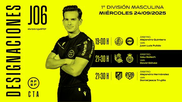 PavelFdez's tweet photo. 🚨 OFICIAL
🟨🟥 Árbitros para mañana miércoles 24:
➡️ Alejandro Quintero González
⚽️ #GetafeAlaves (19h)
➡️ Iosu Galech Apezteguía
⚽️ #RealSociedadMallorca (21h30)
➡️ Alejandro Hernández Hernández
⚽️ #AtleticoRayo (21h30)
📸 @rfef https://t.co/k7HtC3F3sF