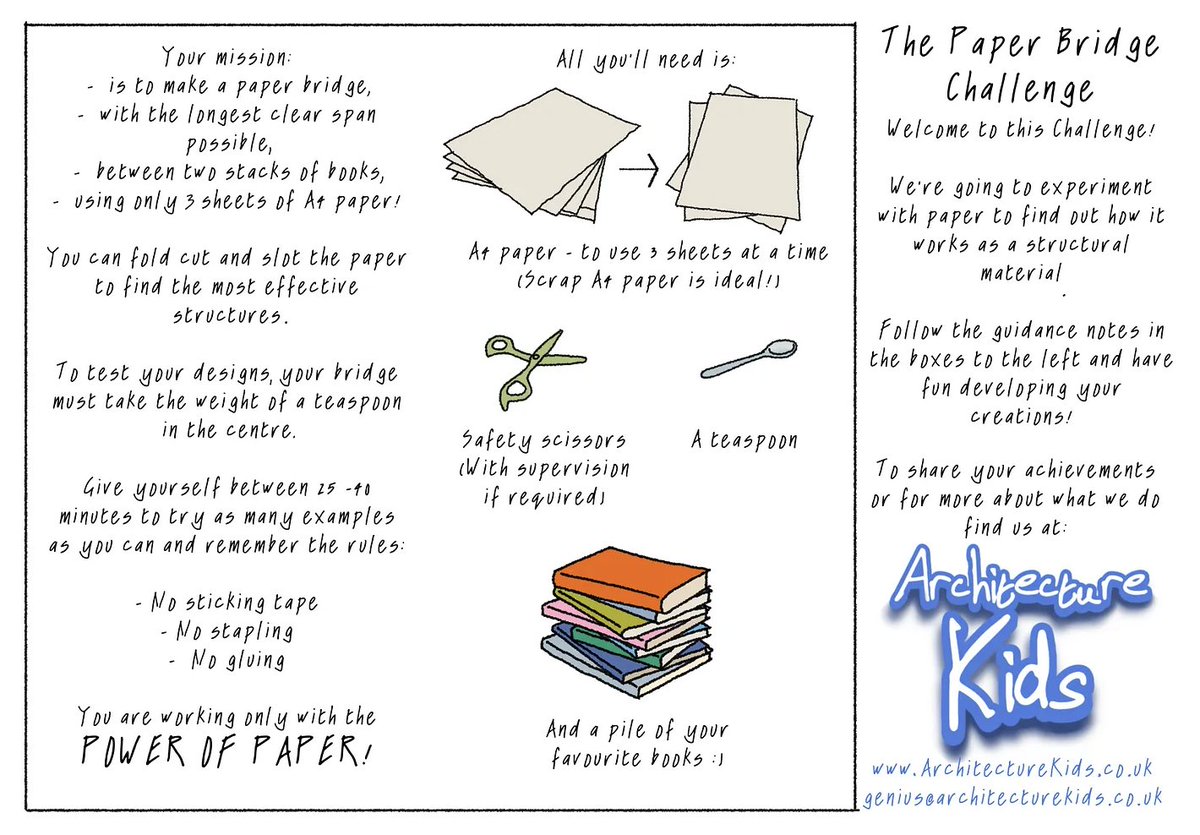 Architectkids's tweet image. Here&apos;s a quick Architecture challenge - Can you make a bridge with just 3 sheets of paper? Bet you can&apos;t beat a 1.2M span!
architecturekids.substack.com/p/the-paper-br…
@TeacherToolkit @debrakidd @HYWEL_ROBERTS 
#architecturekids #creativekids #architectureforkids