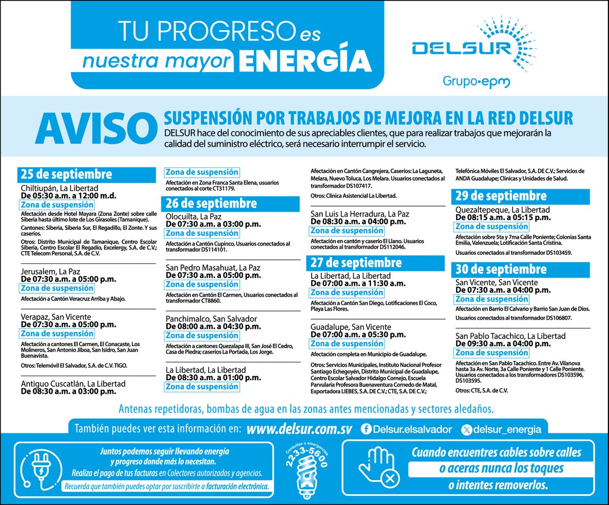 Te compartimos las interrupciones programadas por mantenimiento y mejora de nuestra red eléctrica a realizarse del 24 al 30 de septiembre de 2025. 
            
¡Trabajando juntos hacemos la diferencia!