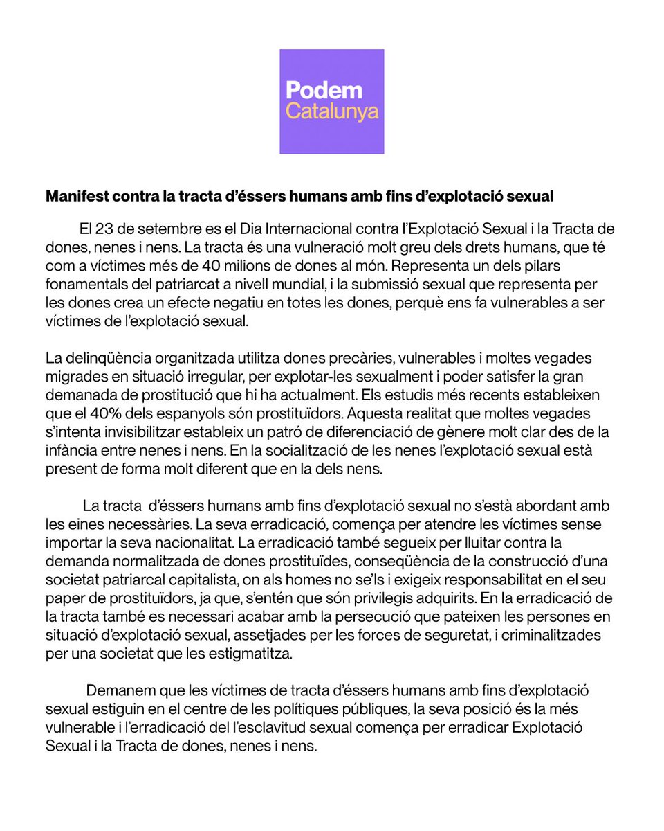 ❌ La tracta d’éssers humans amb fins d’explotació sexual és una de les violacions més greus dels drets humans.

✊ Avui, #23S, exigim posar les víctimes al centre i acabar amb la impunitat dels prostituïdors.