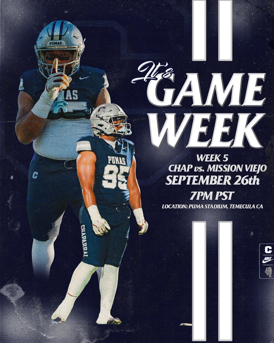 GAME WEEK 

Vs Mission Viejo

Varsity- Friday 7pm (Home) 

Freshmen- Thursday 4:15pm (Home) 

No JV game this week. 

#PumaPRIDE