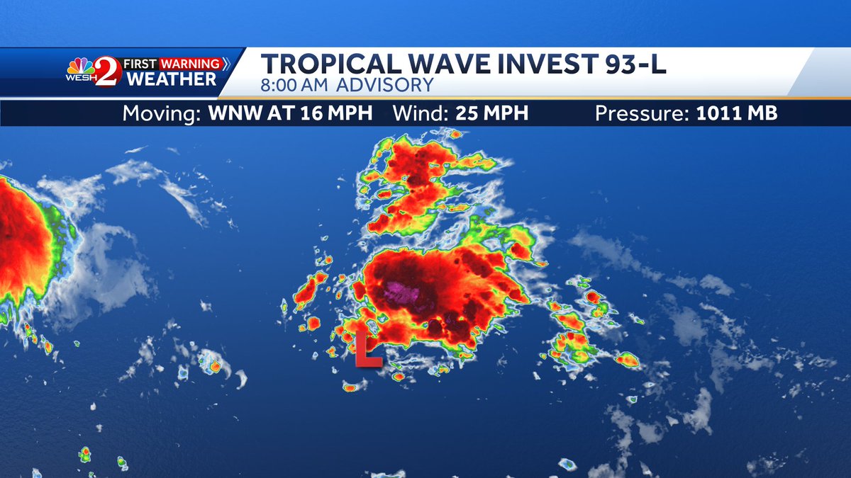 TMainolfiWESH's tweet image. Here's the latest on #Invest93-L folks. This one may develop into our next hurricane but is expected to stay well east of #florida. #Bermuda will need to watch this once closely! Stay with #weshwx for updates.