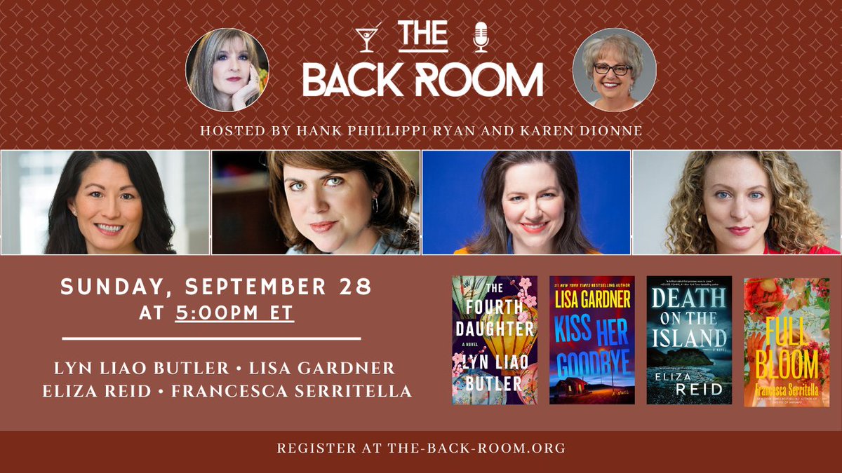 Check out the AMAZING schedule of authors who'll be visiting the Back Room this fall, starting with <a href="/lynliaobutler/">Lyn Liao Butler</a>, <a href="/LisaGardnerBks/">Lisa Gardner</a>, <a href="/elizajreid/">Eliza Reid</a>, and @fserritella THIS SUNDAY at 5 PM ET! Register for this and all our fall events at the-back-room.org