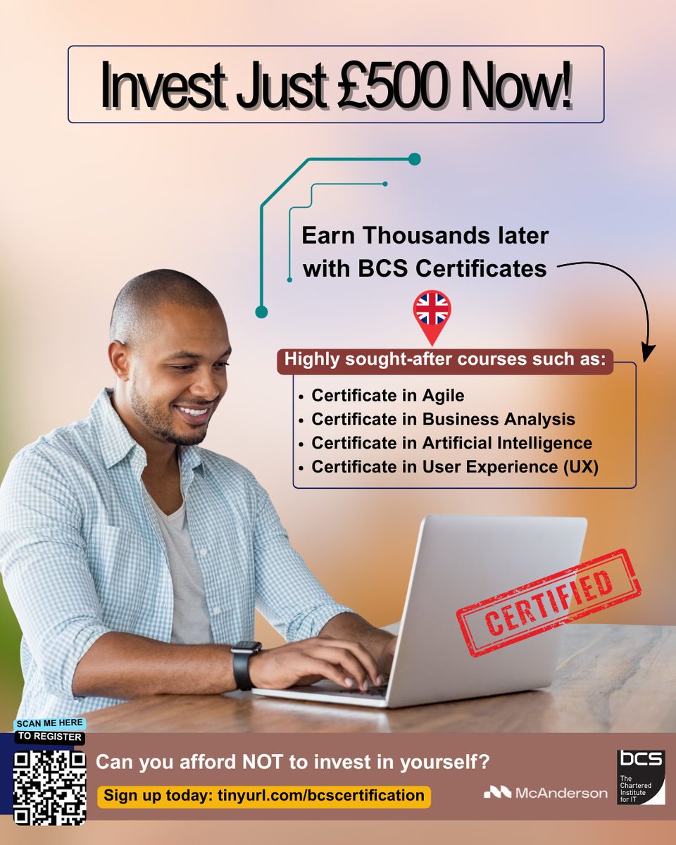 Could a £500 investment today be the key to earning thousands in the future?🤔

Unlock your earning potential with a BCS certificate in Agile, Business Analysis, AI, or UX. ​

Sign up today and start your journey: tinyurl.com/bcscertificati…

#BCSCertification #Growth #careercoach