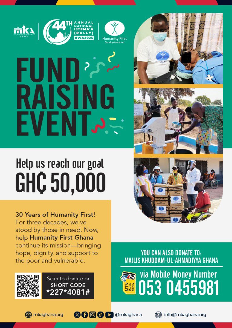 mkaghana's tweet photo. ๐ Support Humanity First Ghana!โจFor 30 years, weโve brought hope & dignity to the vulnerable.โจ๐คฒ Help us raise GHโต50,000 to continue this mission.
โ
Donate via MoMo: 0530455981โจโ
Dial: *227*4081#
#HumanityFirst #Ijtema2025 #MKAgh #ServingMankind https://t.co/ZEC0ImBJ8k