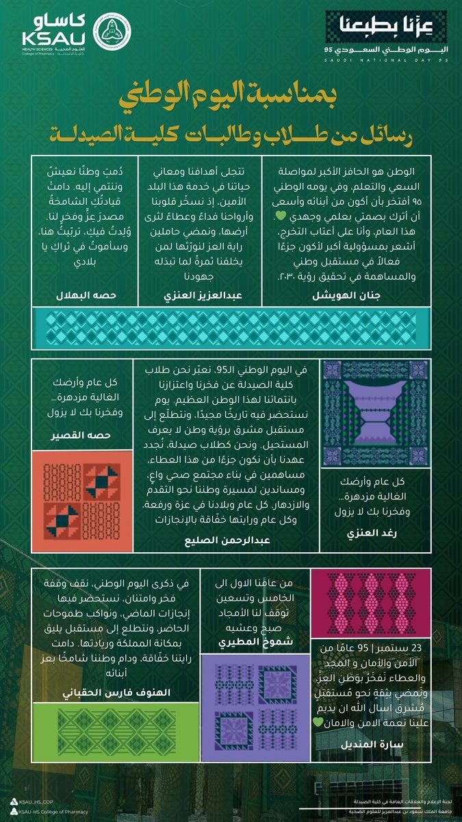 <a href="/Albekairy_AM/">أ.د. عبدالكريم البكيري</a> طلاب وطالبات #كلية_الصيدلة يجددون في #اليوم_الوطني_95 اعتزازهم بوطن العز والمجد 🇸🇦💚

#KSAU_HS_COP