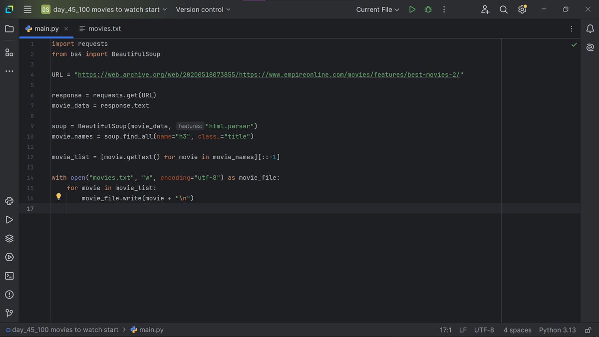 bluedev_py's tweet image. Day 45/100 – Intermediate+
> Web Scraping with BeautifulSoup
> Scraped a List of the Top 100 Movies from a Website
#100DaysOfCode
#pythonprogramming
#pythononlinetraining
