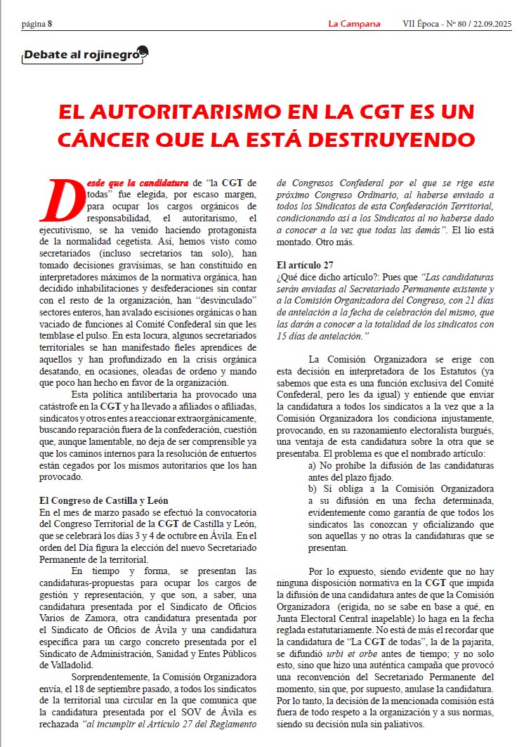 CGTfesibac's tweet photo. 🚨 Otro nuevo grave ataque a la democracia interna en la #CGT: la Comisión Organizadora del Congreso Territorial de Castilla y León ha anulado arbitrariamente la candidatura del SOV de Ávila, vulnerando derechos básicos de la afiliación. Autoritarismo made in @fadrique1987 incompatible con el anarcosindicalismo.