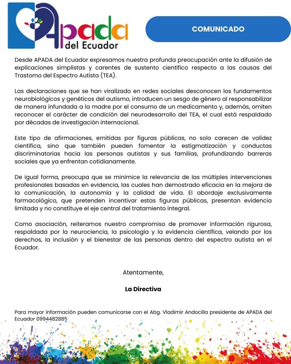 vandocilla's tweet image. Respecto a las declaraciones realizadas por el presidente de los Estados Unidos Donald Trump sobre el autismo y su relación con el medicamento Paracetamol, la Asociación de Padres y Amigos para el Apoyo y Defensa de los Derechos de las Personas con Autismo se pronuncia.
#Autismo…