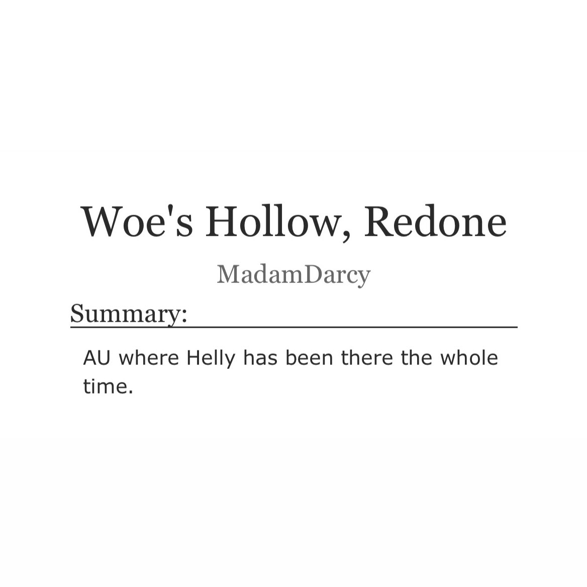 markhellyfics's tweet image. 🍁 Woe's Hollow, Redone by MadamDarcy
🏷️ #markhelly 
📈 explicit

AU where Helly has been there the whole time.

🔗: archiveofourown.org/works/64187560