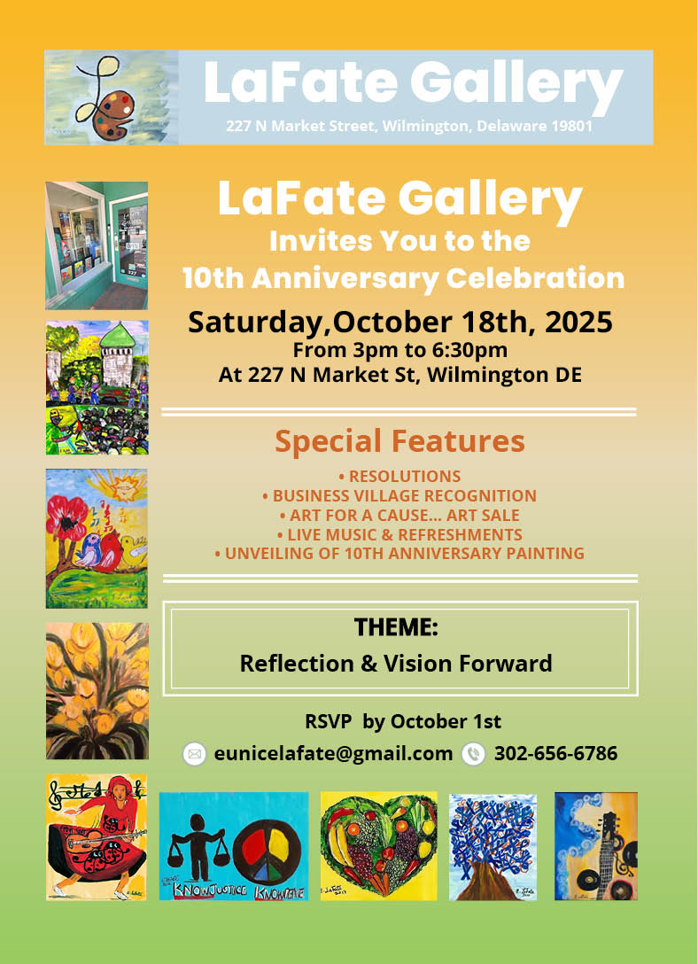 We love supporting other small businesses and our partners!

Celebrate 10 years with @lafategallery 🎉

🎨 Saturday, October 18th, 2025
🎨 3-6:30 PM
🎨227 N. Market St, Wilmington, DE

RSVP Info on flyer.