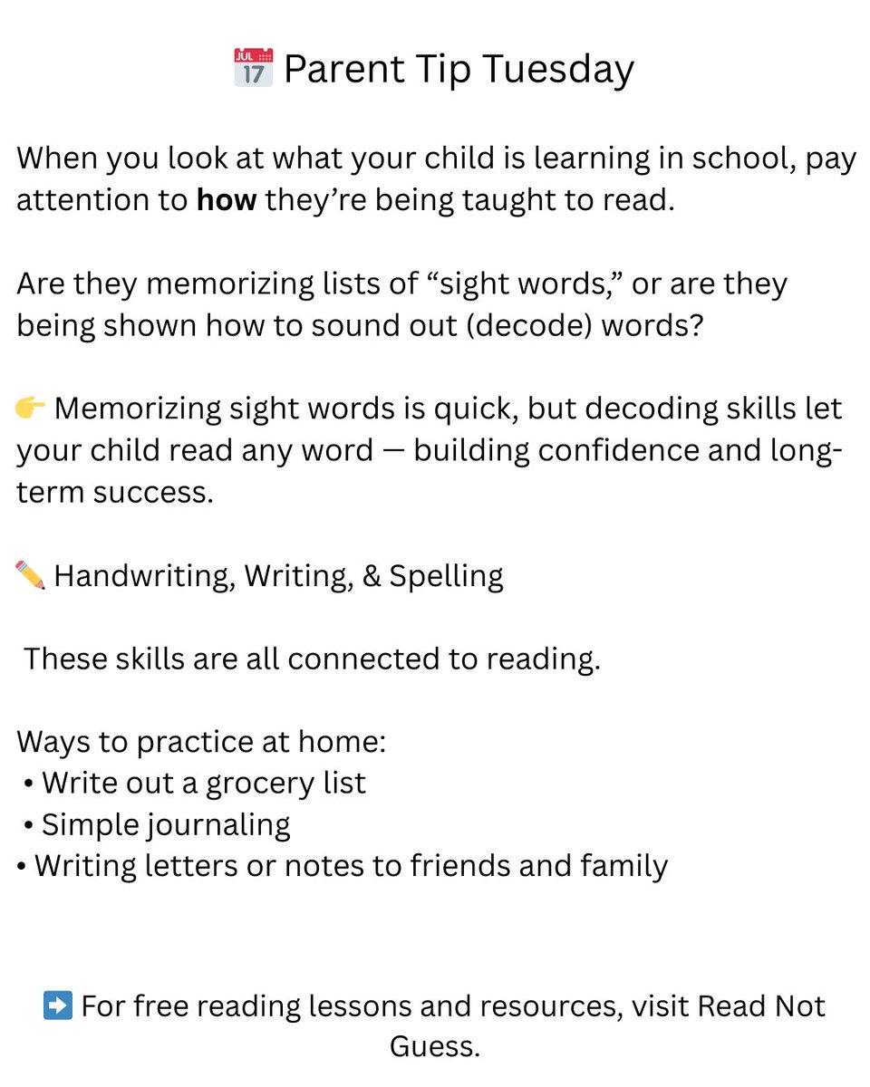 ReadNotGuess's tweet image. Parent Tip Tuesday! ✨
Pay attention to how your child is learning to read. Understanding their reading instruction can help support their progress at home.
#ReadingProgram #LiteracyMatters #ReadNotGuess