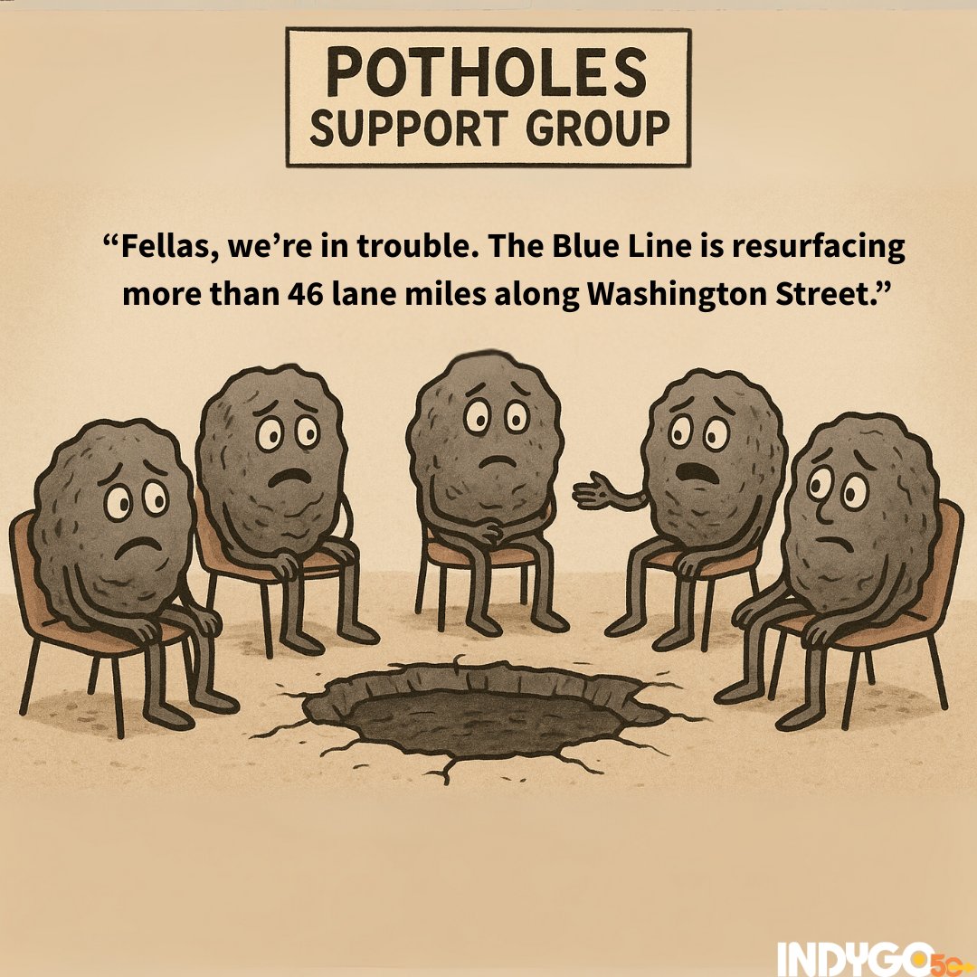 IndyGoBus's tweet photo. Apologies to all the potholes. #BuildTheBlue https://t.co/DWmoc6OEaX