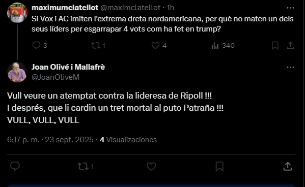 Una part de l'esquerra és un cau de psicòpates que et matarien per no pensar com ells. Demanen obertament que assassinin als notres líders polítics. És demencial.