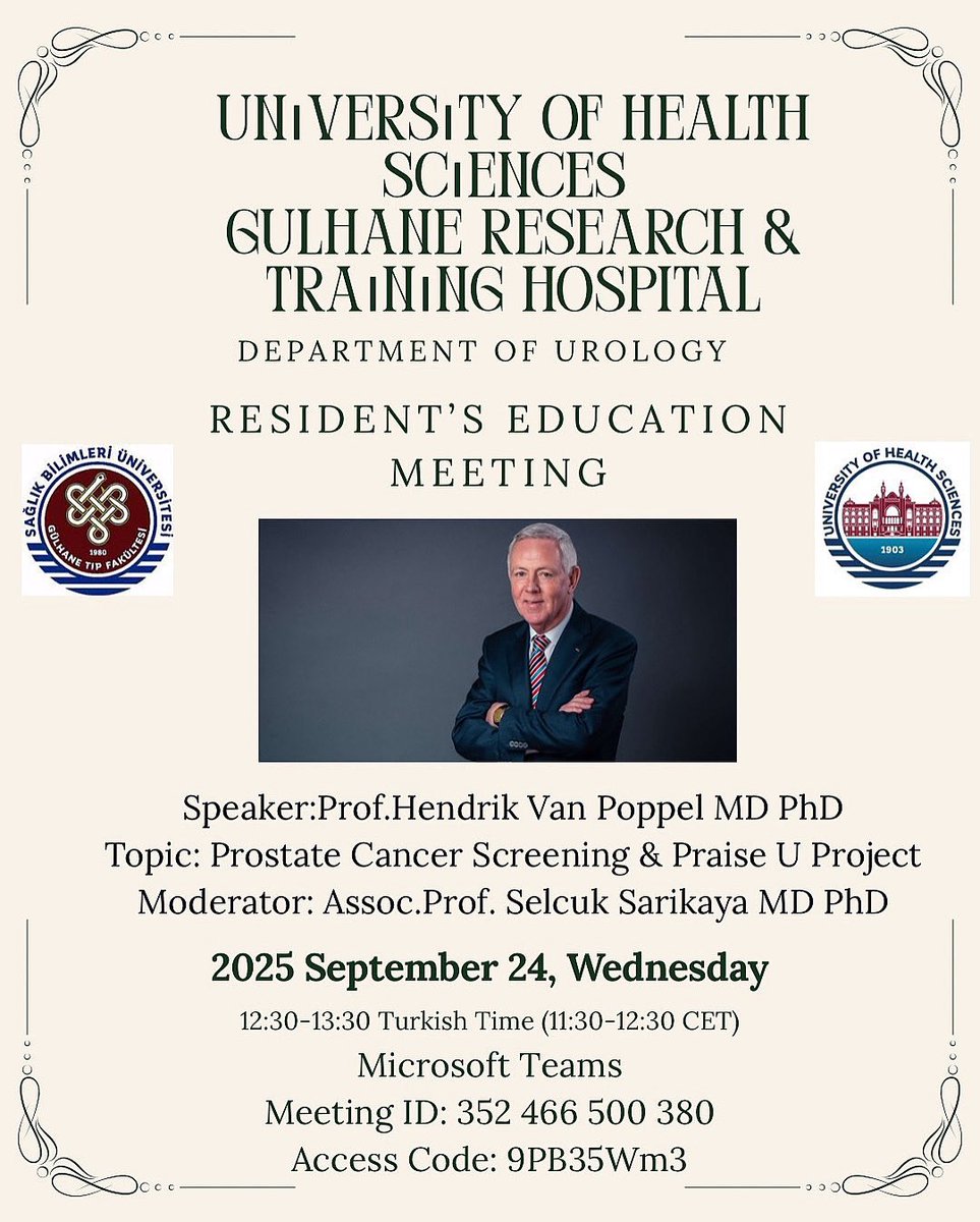 Urology Resident’s Education Programme of University of Health Sciences Gülhane Research and Training Hospital, we will be hosting a Legend of Urology Prof. Hendrik Van Poppel‼️ The topic of the week is ‘Prostate Cancer screening and Praise U Project’. waiting all the colleagues!