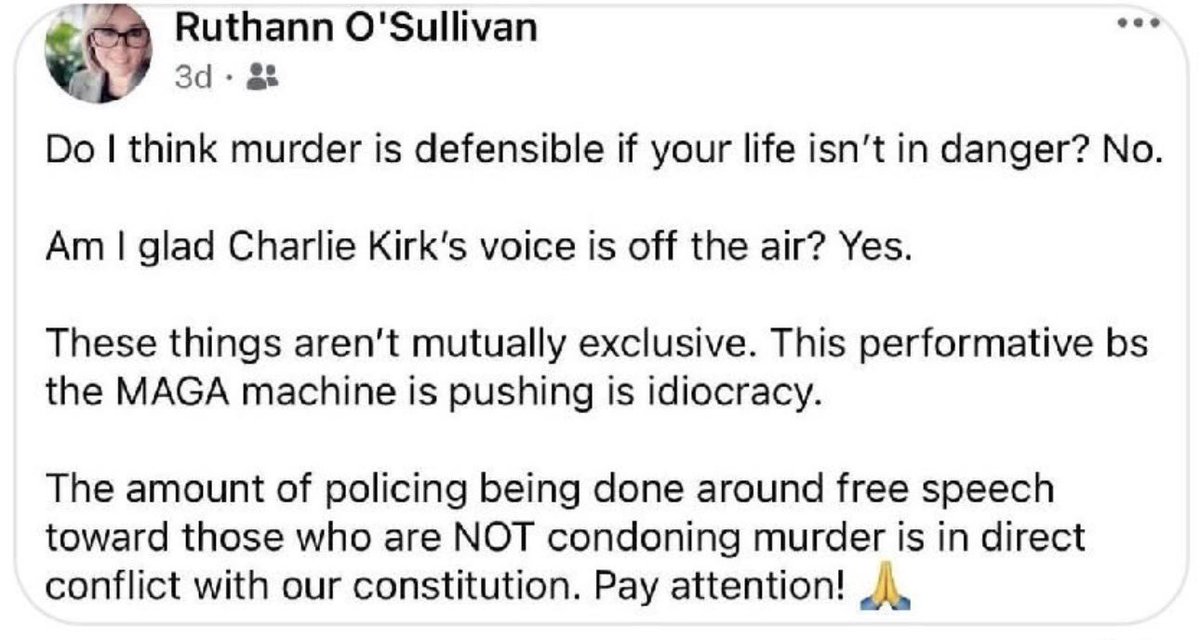 TheLackaLens's tweet photo. Ruthann O’Sullivan, a School Committee member in Franklin, Massachusetts, said she was GLAD about Charlie Kirk’s death.

She’s running for re-election to the School Committee this November.
It is appalling that someone trusted with schools would speak with such disregard for life. @libsoftiktok