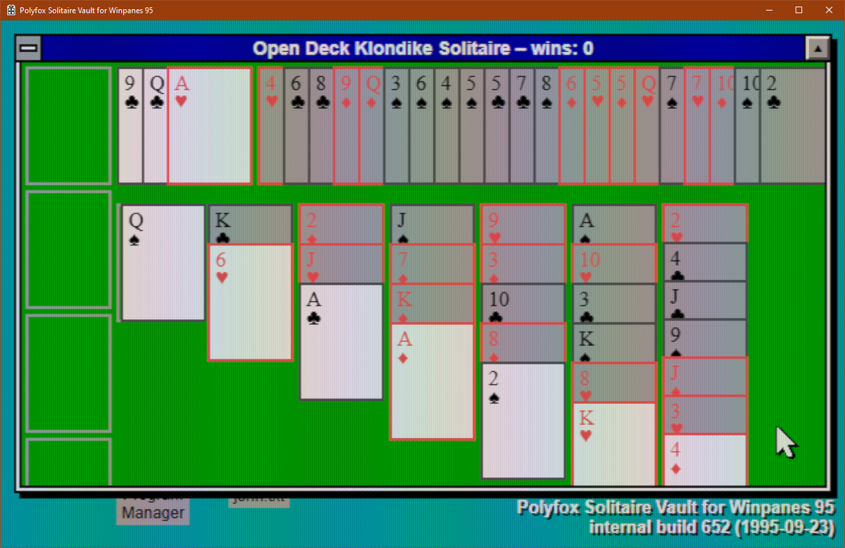 I have perfected Klondike. Behold, Actually Perfect Information Klondike Solitaire.
(#PolyfoxSolitaire Vault for #Winpanes95) #screenshotsaturday #screenshottuesday #gamedev