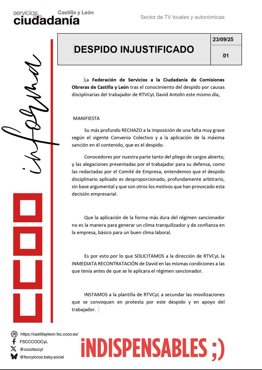 El primer damnificado de tantos meses de protestas , un compañero de Valladolid. Un juzgado decidirá , pero él , en la calle se queda. Seguimos sin convenio firmado <a href="/jcyl/">Junta de Castilla y León</a> <a href="/alferma1/">Alfonso F. Mañueco</a>  <a href="/CCOO/">COMISIONES OBRERAS</a> <a href="/UGT_Comunica/">UGT</a> <a href="/CGT/">CGT</a> <a href="/PPopularCyL/">PP Castilla y León</a> <a href="/PSOE_CyL/">PSOE Castilla y León</a> <a href="/_PabloFdez_/">Pablo Fernández</a>