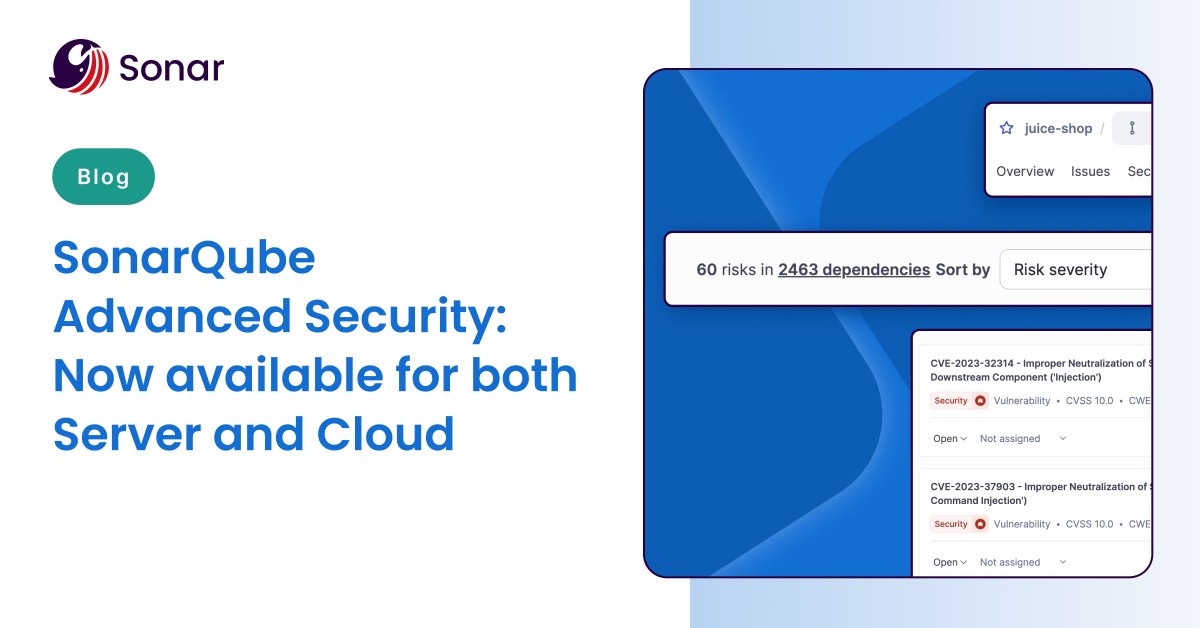 SonarSource's tweet image. Stop shipping vulnerable dependencies. 🛡️
Our #SonarQube Advanced Security features give you full visibility into your software supply chain with SCA, advanced SAST, and more.
Dive into the details: bit.ly/458eMgn
#CodeQuality #CodeSecurity