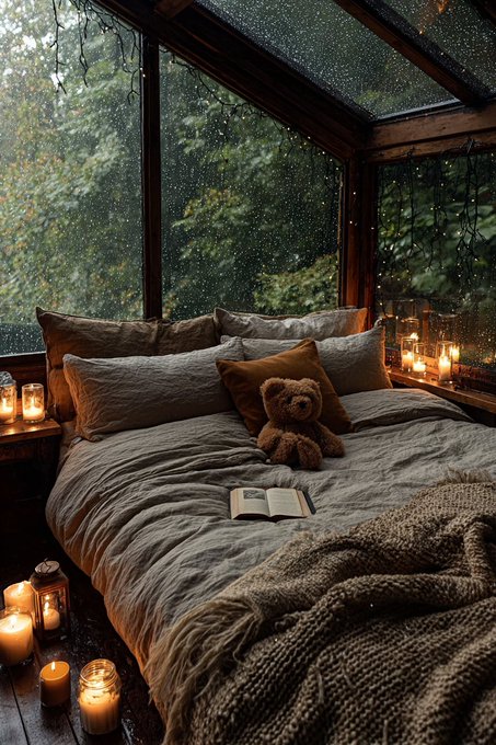 A cozy bedroom with a bed covered in beige linens, pillows, and a teddy bear. An open book rests on the bed, surrounded by knitted blankets. Candles in glass jars sit on the floor and bedside table, casting a warm glow. Large glass windows reveal a lush, rainy forest outside, with greenery and raindrops visible.
