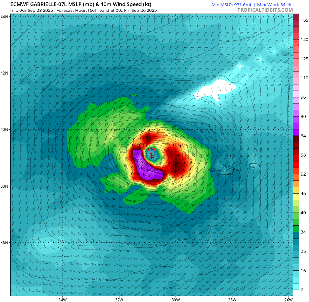Here is something you do not see every day: A hurricane watch is now in effect for all of the Azores. NHC expects Gabrielle to pass through the islands as a hurricane Thursday night, bringing damaging winds and heavy rain. I have attached the ECMWF for illustrative purposes only.