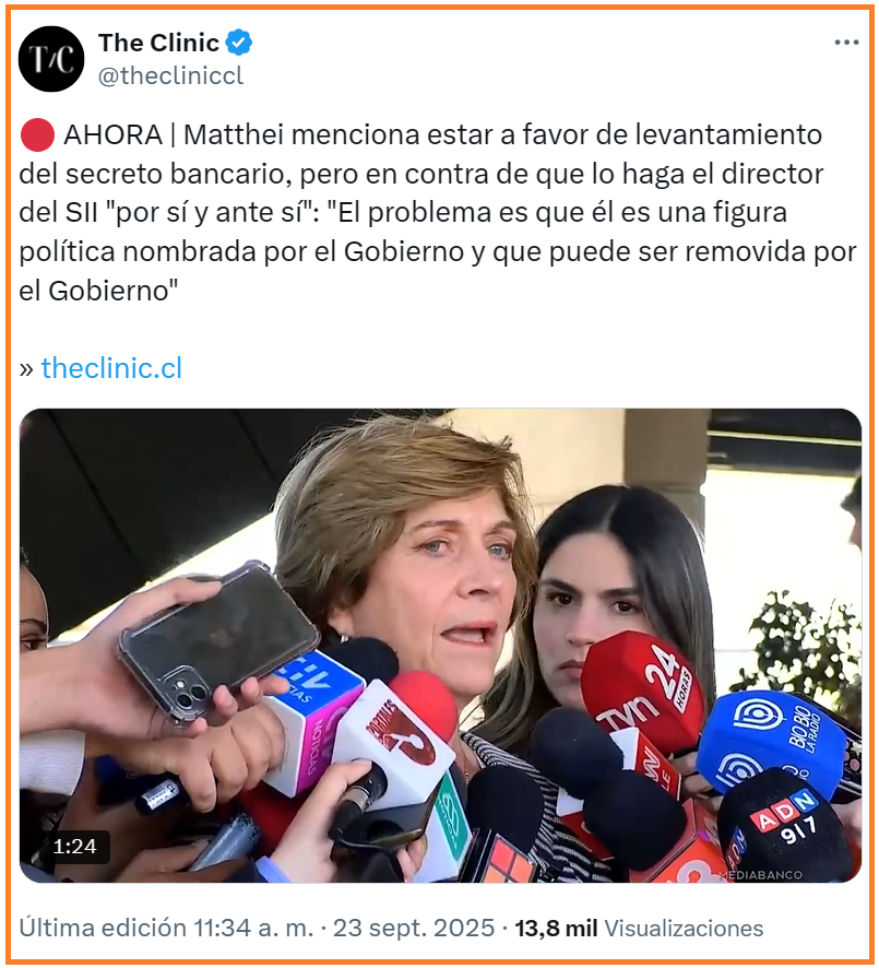 Matthei y Chile Vamos se unen a Boric y a la candidata comunista Jara para levantar el Secreto Bancario y exponer las Cuentas Bancarias de todos los chilenos al arbitrio y criterio del Gobierno de turno.
Matthei y CHV son expertos en llevarle el amén a la extrema izquierda.