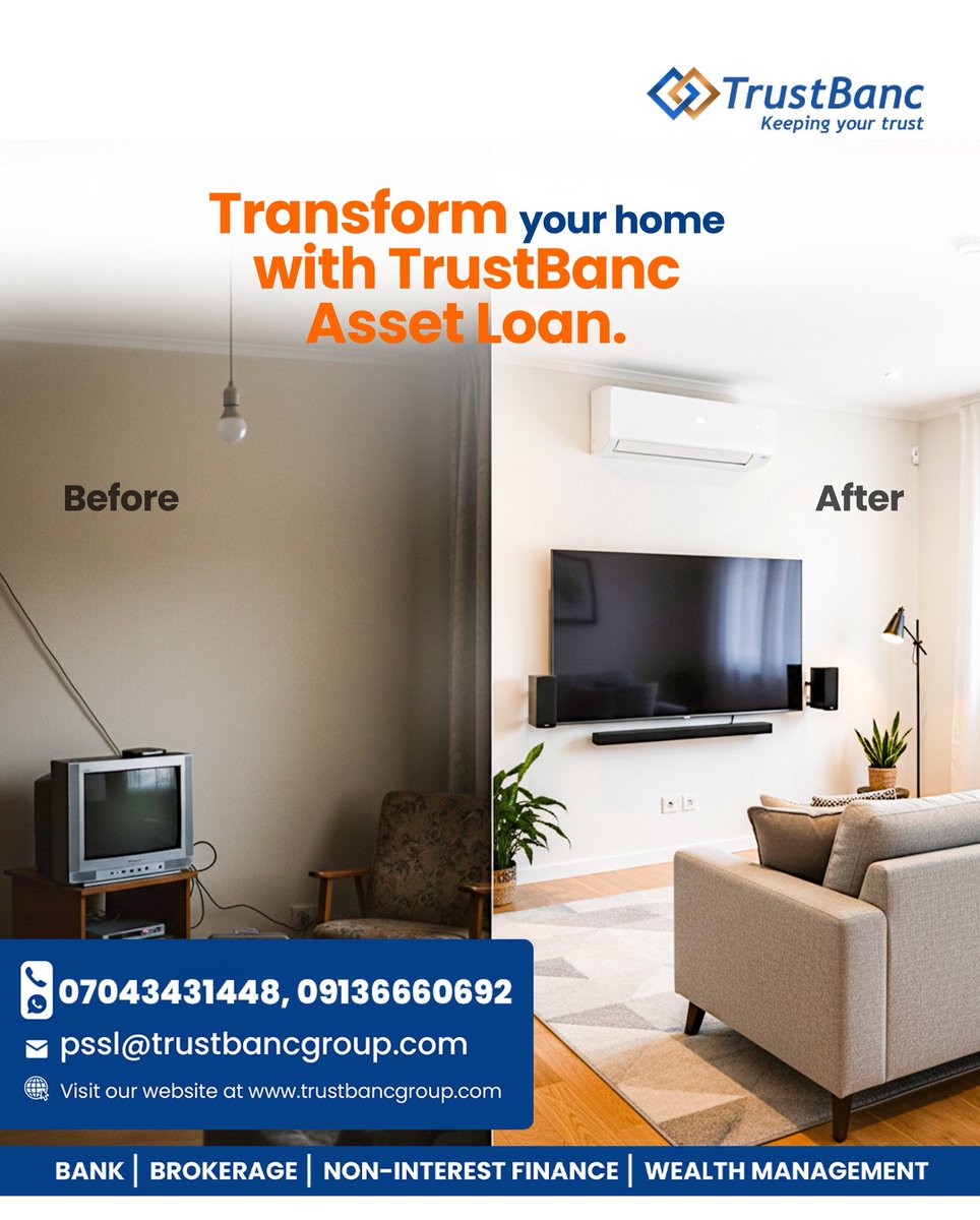 TrustBancgroup's tweet photo. Transform your living space into the comfort you deserve. With TrustBanc Asset Loan, you can upgrade your home today and enjoy flexible repayment plans.
๐ 07043431448 / 09136660692
๐ฉ pssl@trustbancgroup.com
#TrustBanc
#AssetFinance
#EasyUpgrade
#OwnItNow https://t.co/8LOfrJdOnr