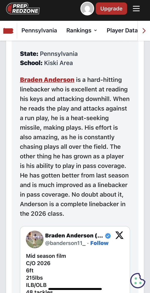 Great write up by <a href="/PrepRedzone/">Prep Redzone 🏈</a> 
Very proud of how <a href="/banderson11_/">Braden Anderson (LB/ILB)</a> handles business.
Student athlete who leads by example.
Nothing more dangerous than a kid with a chip who’s betting on themself!
<a href="/kiskifootball/">Kiski Area Football</a> 
<a href="/wpialsportsnews/">WPIAL Sportsmen</a> 
<a href="/WPIAL_Insider/">WPIAL Insider</a> 
<a href="/Coach_Roc3/">Rocco Yauger, MS, CSCS</a> 
<a href="/stephij10/">Stephanie Anderson</a>