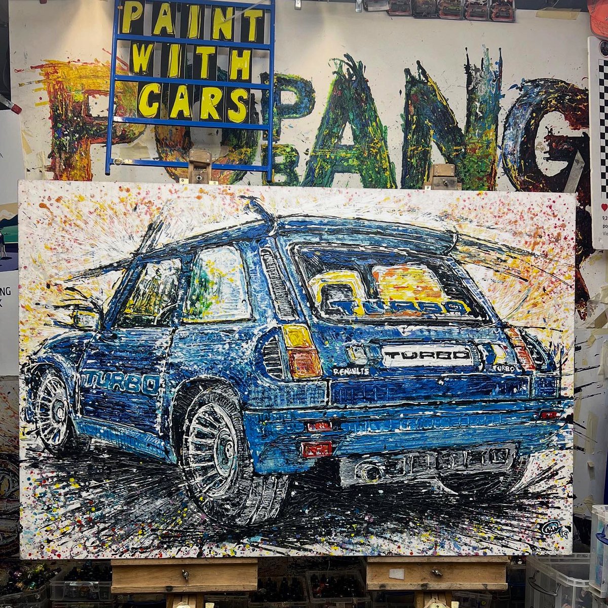 Popbangcolour's tweet image. All four of these original #Paintwithcars artworks are now available to purchase having been on display @goodwoodrevival - which one is your favourite? 

The @renault_uk 5 Turbo, #LandRover Defender 90, mini remastered &amp;amp; @KTM_Racing #MotoGP artworks are all for sale - likey ‘um?