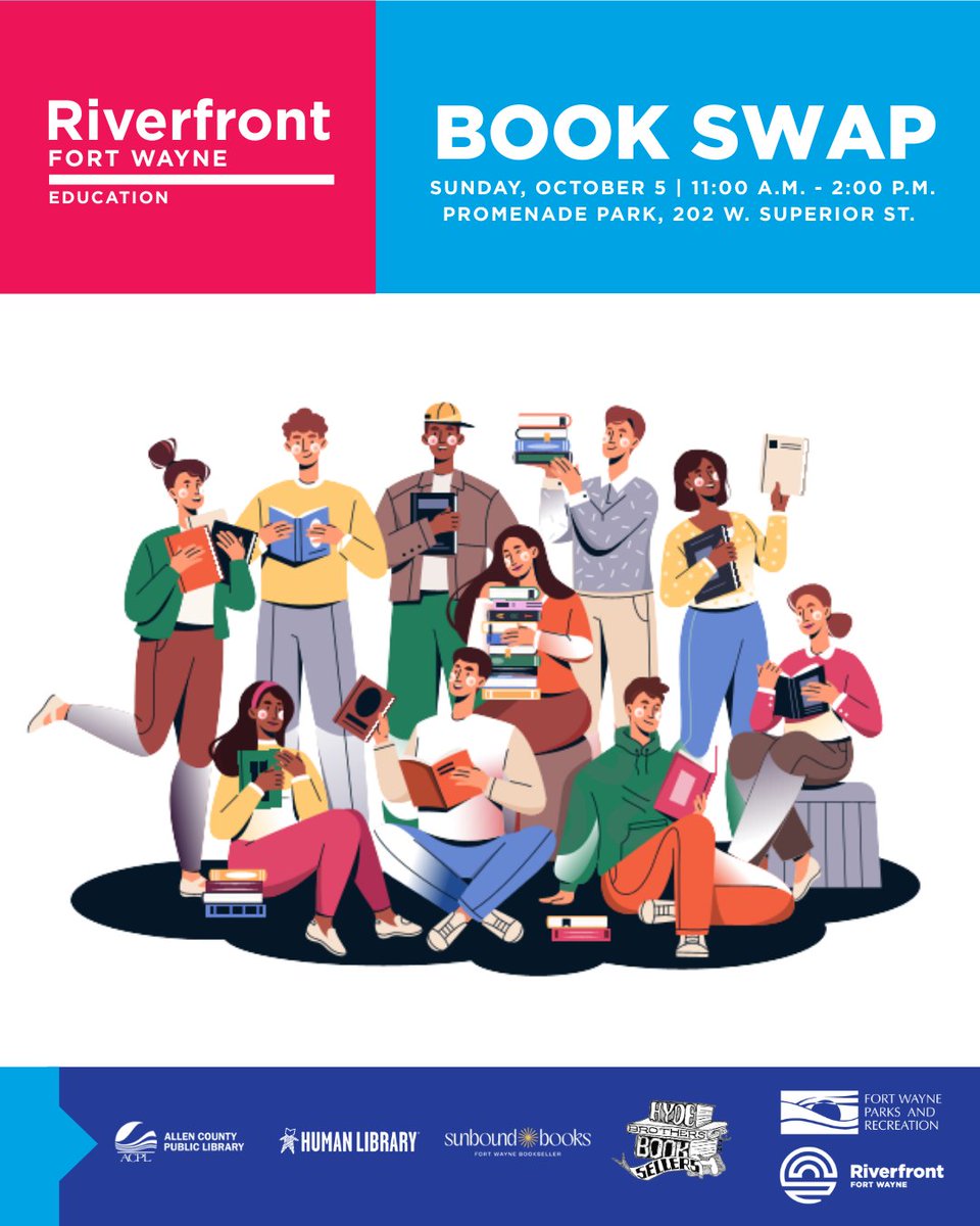 Sunday, October 5 is our Riverfront Book Swap in Promenade Park! Bring your gently used or new books, enter to win gift cards to local book stores, and find your new favorite story!