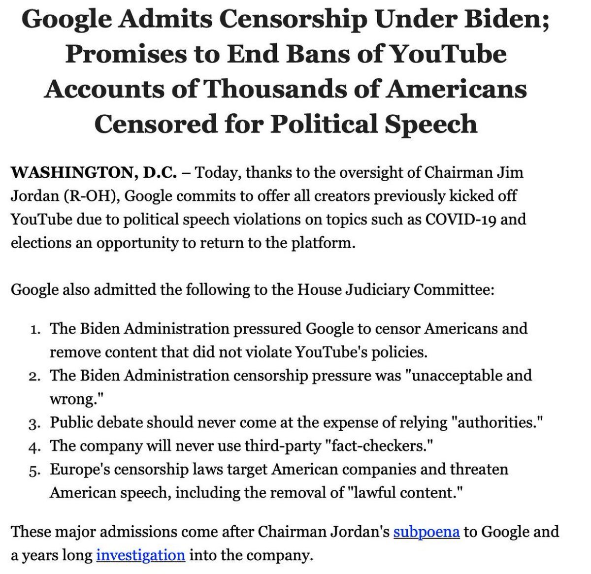 🚨New: Google admits censorship under Biden